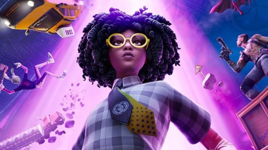 Fortnite Chapter 2 Season 7 event: A woman wearing a checked shirt, black and yellow tie, and yellow glasses with a beam of purple light and floating objects behind her