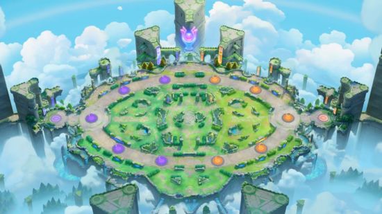 Pokemon Unite guide: a top-down view of the game's Theia Ruins map which floats above the clouds