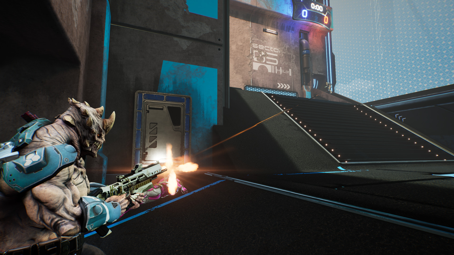 Splitgate crossplay: Players fighting one another next to a large staircase in a small, concrete-clad room.