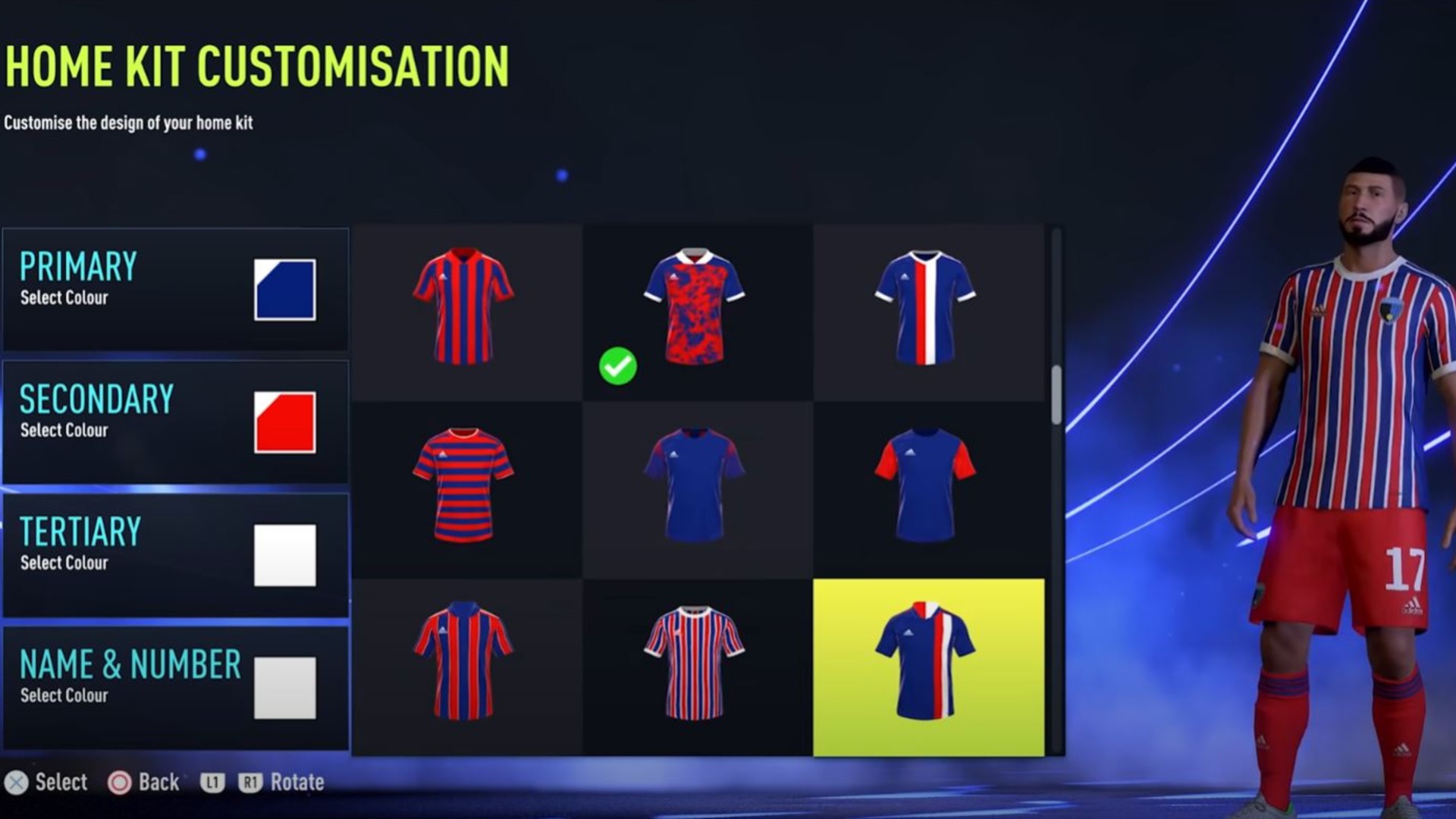 FIFA 22 Career Mode: The Home Kit customization menu, with a player standing on the right side, modelling the kit.