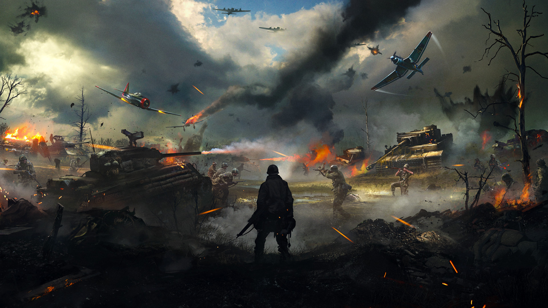 Hell Let Loose commander: A soldier stood on a battleground as planes and tanks fight around him.