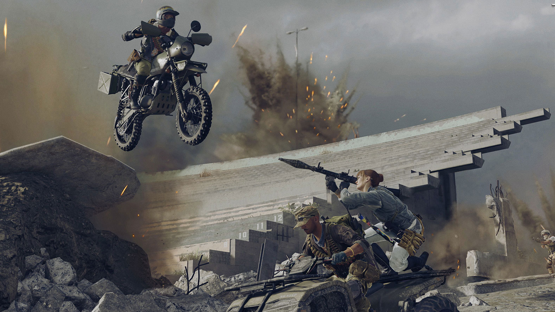Warzone Iron Trials: A player on the back of a quad bike aims a rocket launcher at another player riding a bike.