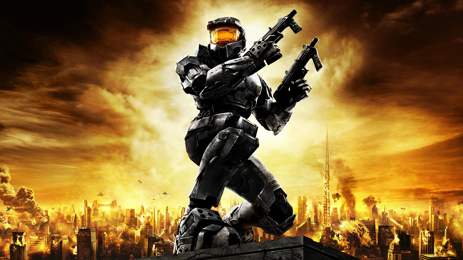 Halo games in order: Halo 2 art showing a dual-wielding Master Chief against the backdrop of a burning city.