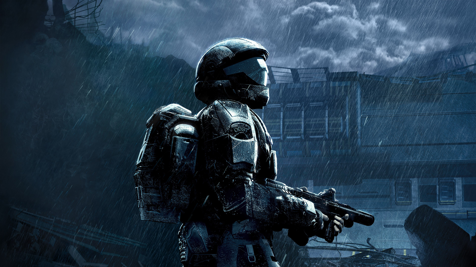 Halo games in order: Halo 3: ODST art showing an ODST soldier standing in the rain with a weapon at their hip.