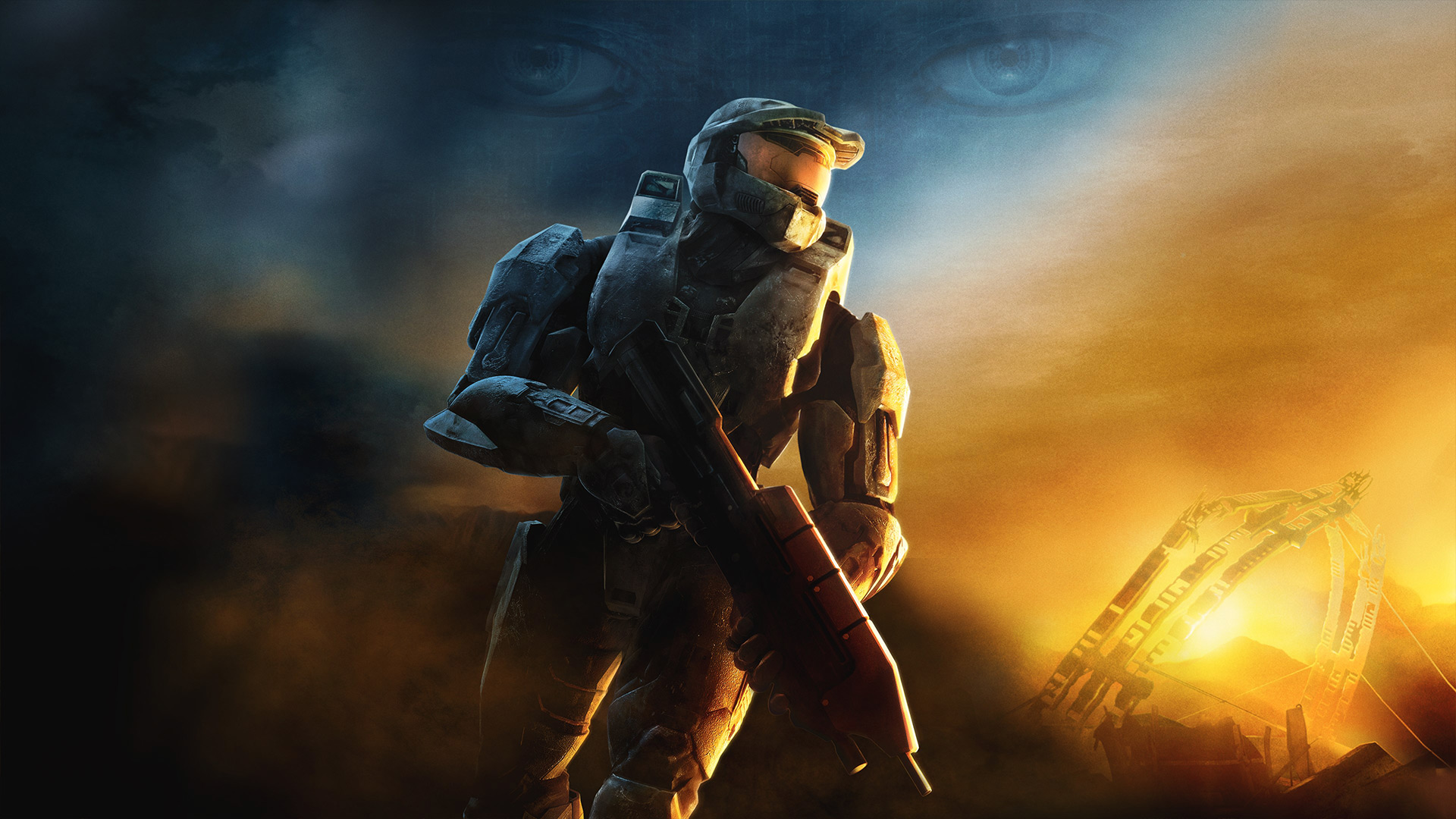 Halo games in order: Halo 3 art showing Master Chief looking into the distance with eyes blended into the horizon.