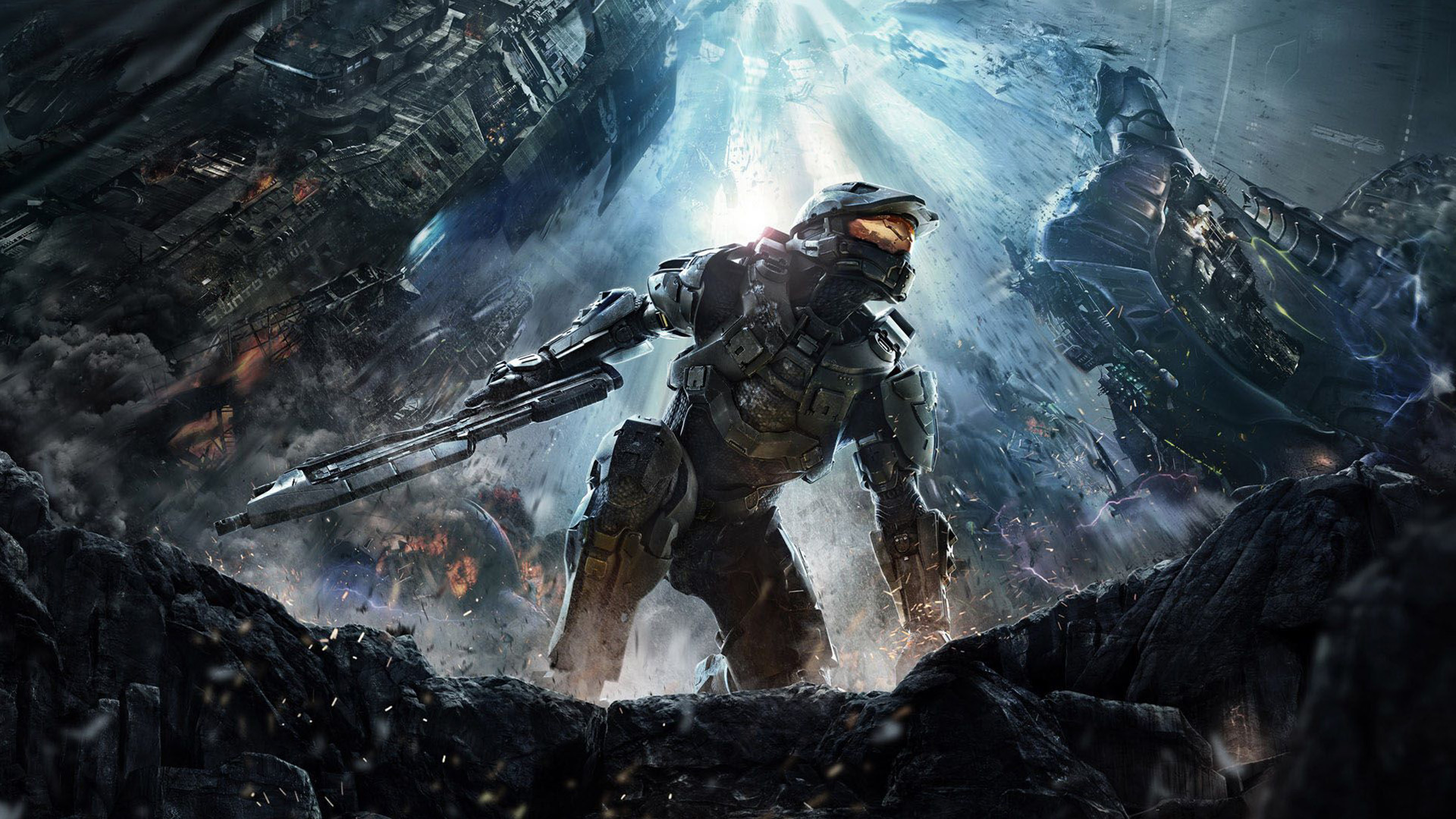 Halo games in order: Halo 4 art showing a kneeling Master Chief surrounding by rubble and debris.