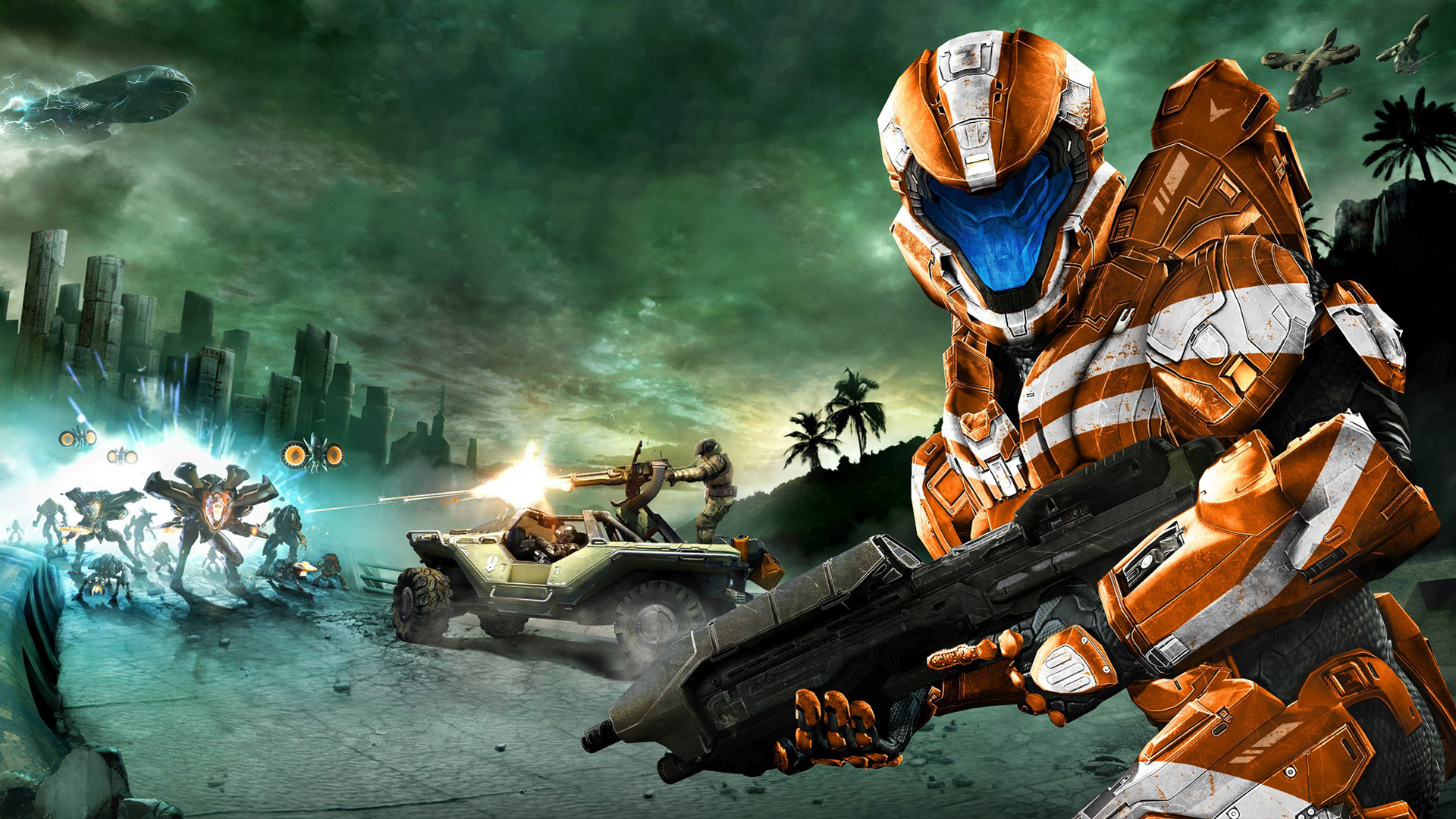 Halo games in order: Halo Spartan Strike art showing an orange Spartan with a blue visor and white stripes.