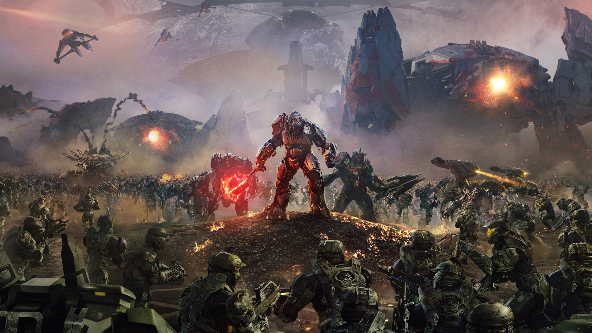 Halo games in order: Halo Wars 2 art showing the Banished warmaster Axiom on a hill surrounded by Spartans.
