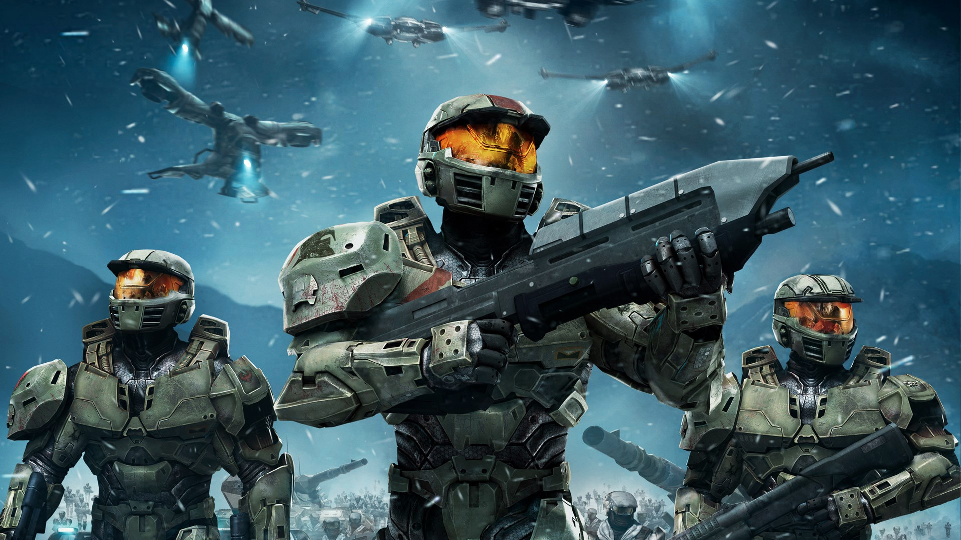 Halo games in order: Halo Wars art showing three Spartans with various aerial vehicles behind them.