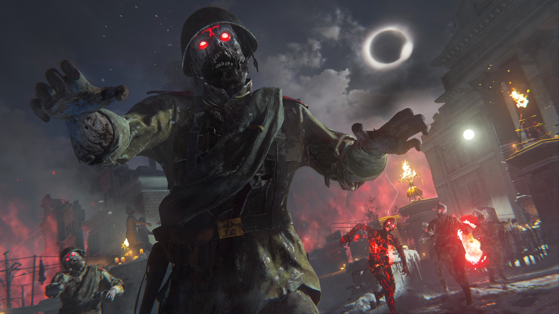 Call of Duty Vanguard Zombies perks: A Zombie wearing a soldier's uniform walking towards the camera with its arms out.