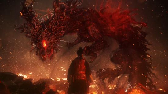 Wo Long Fallen Dynasty Bloodborne Producer Announcement: The main protagonist can be seen standing in front of a large dragon-like creature