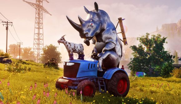 Goat Simulator 3 release date: a goat on a tractor with a mechanical rhino on the back