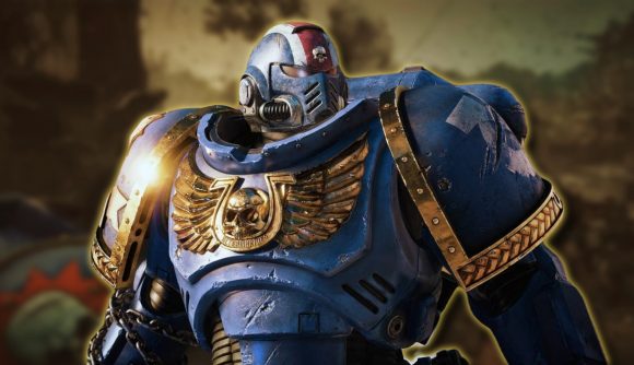 Warhammer 40K Space Marine 2 release date: A Space Marine wearing their iconic blue armor against a blurred background of gameplay.