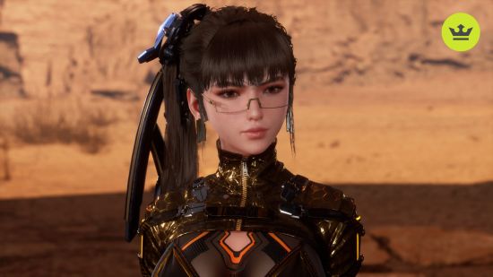 Best space games: Eve in a gold outfit and glasses