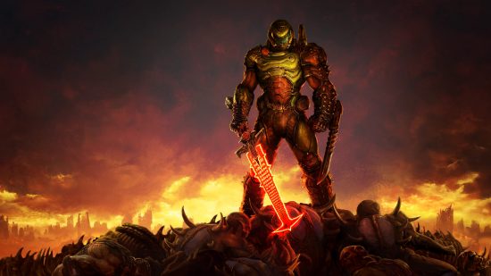 Best games: A demon slayer stands on a pile of bodies in Doom Eternal
