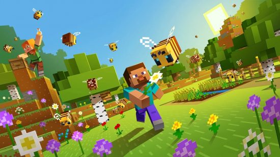 Best games: A blocky character runs through a field full of bees in Minecraft