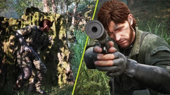 Metal Gear Solid 3 remake release date: Snake aiming a gun at the fourth wall next to a shot of him sneaking up on a guard