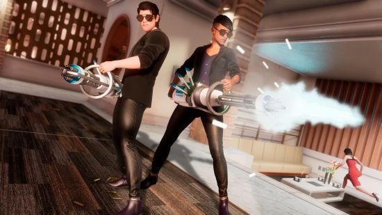 Games like GTA: two men in sunglasses and leather trousers fire miniguns