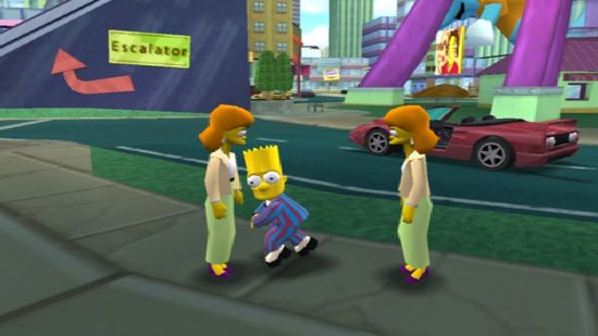 Games like GTA: Bart Simpson runs between two women while wearing a pinstripe suit