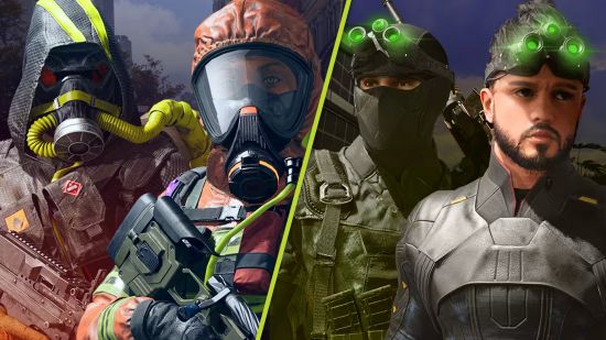 XDefiant classes: Four characters from XDefiant - two are wearing hazmat suits and gas masks, and two are wearing black stealth suits with green-glowing night vision goggles