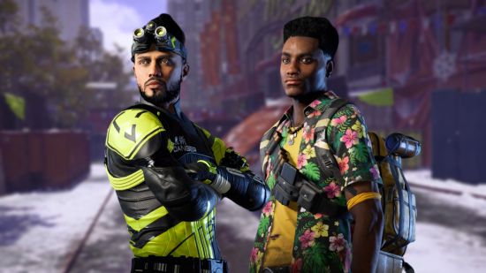 XDefiant meta: Two XDefiant characters, one wearing a bright green and black stealth suit and the other wearing a tropical shirt