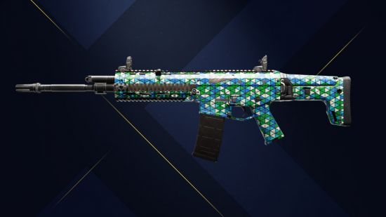 XDefiant meta: an ACR assault rifle with a green blue and yellow pattern