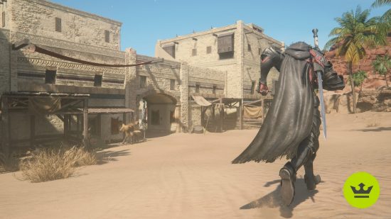 Best games: Clive walking towards a town in the desert in Final Fantasy 16.