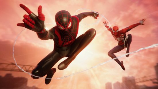 Best games: Miles and Peter as Spider-Man leaping towards the camera in Marvel's Spider-Man 2 PS5.