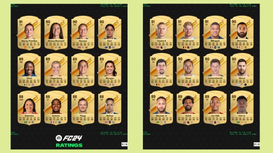 FC 24 ratings: graphics showing ultimate team cards for the top men's and women's players in FC 24