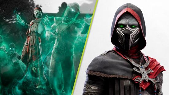 Mortal Kombat 1 Ermac: A split image showing Ermac levitating and summoning green ghostly spirits, and a close up of the fighter in his black and red ninja gear