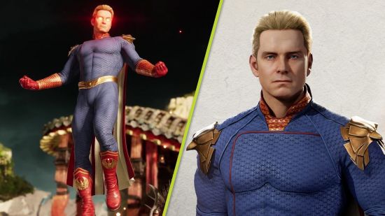 Mortal Kombat 1 Homelander: A split image with two shots of Homelander. The first sees him floating with his eyes glowing red, the second sees him posing with a stern expression