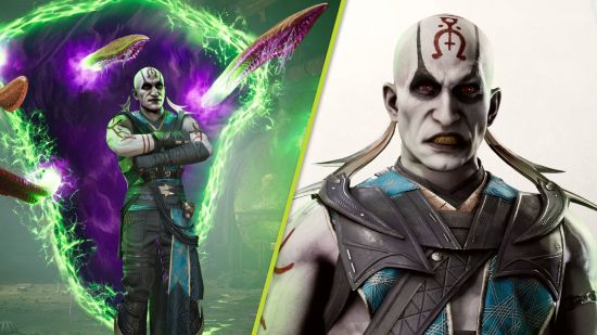 Mortal Kombat 1 Quan Chi: A split image showing Quan Chi with his arms folded in front of a portal with tentacles coming out of it and a close up shot of him snarling