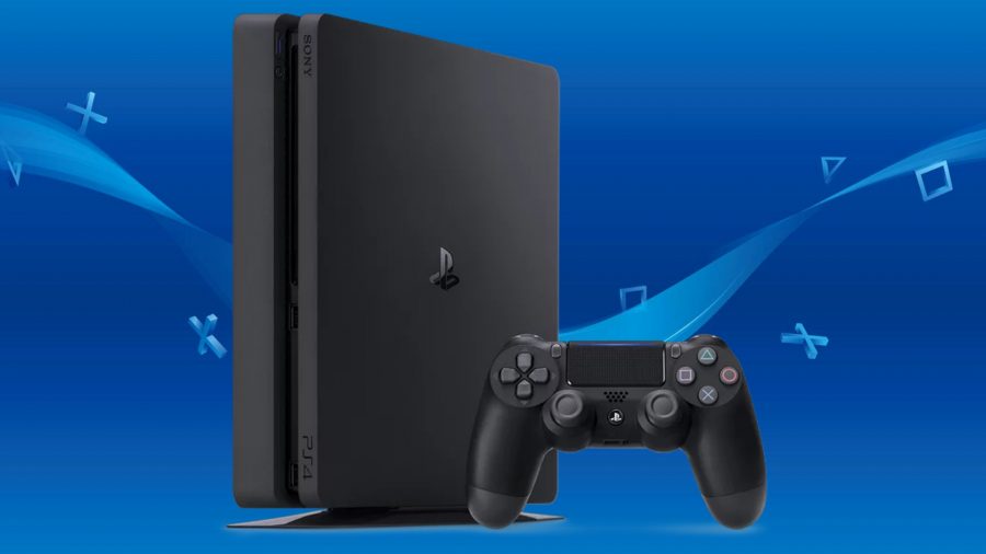 PS4: A black PlayStation 4 console and controller set against a blue backdrop