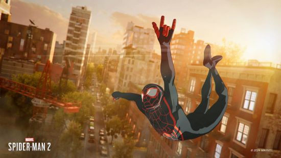 Spider-Man 2 suits: Miles swinging through the air in his iconic black and red suit in a comic book art style