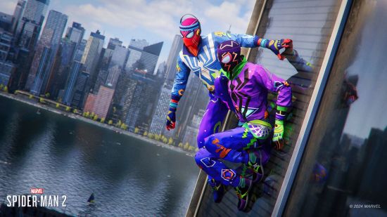 Spider-man 2 suits: Peter and Miles cling to the side of a building wearing vibrant, multi-colored streetwear suits