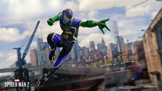 Spider-Man 2 suits: Miles shoots a web mid-air wearing a green, black, yellow, and purple suit
