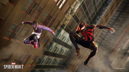 Spider-man 2 suits: Miles and Peter swing through the air. Miles is wearing a web balaclava and a purple outfit, while Peter wears a black and red suit