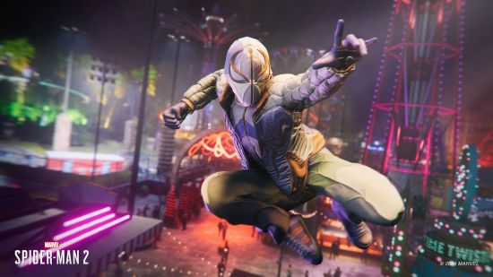 Spider-man 2 suits: Miles swings through the air in a grey and gold suit