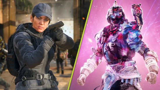 Best PS5 FPS games: A split image showing a woman in black military gear aiming a pistol and a Destiny 2 Guardian emanating a mystical pink light