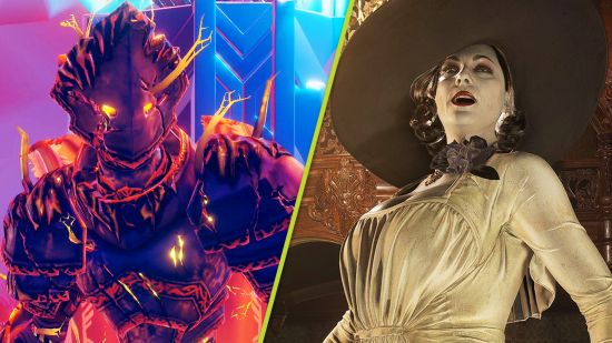 Best PSVR 2 games: a red neon knight next to a woman wearing a white dress and large hat