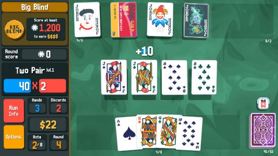 Best roguelike games: a Balatro board with playing cards on