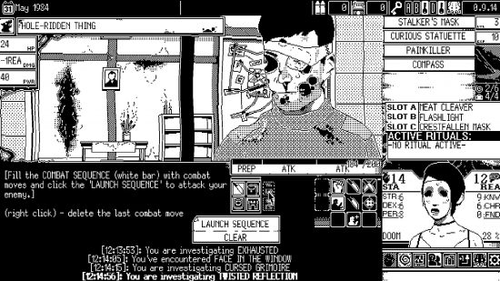 Best roguelike games: combat against a man with a bandaged face, in Junji Ito style