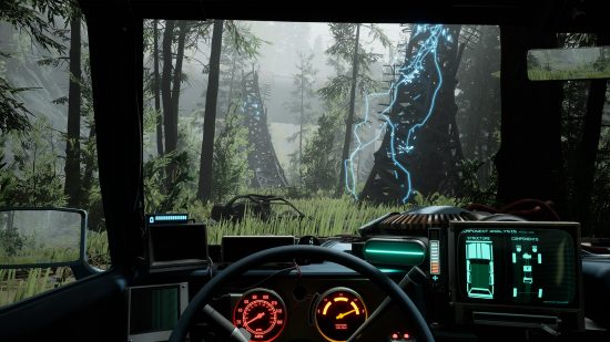 Best survival games: looking out of the window of a car in Pacific Drive