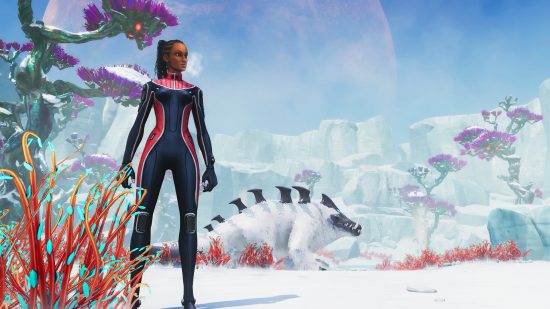 Best survival games: a woman in a wetsuit looking across a frozen tundra
