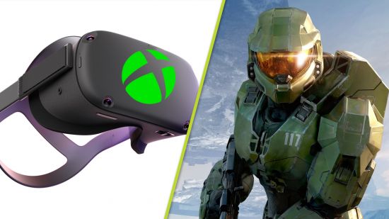 Xbox VR: An image of a concept Xbox VR headset and Master Chief from Halo Infinite.