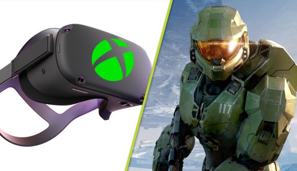 Xbox VR: An image of a concept Xbox VR headset and Master Chief from Halo Infinite.