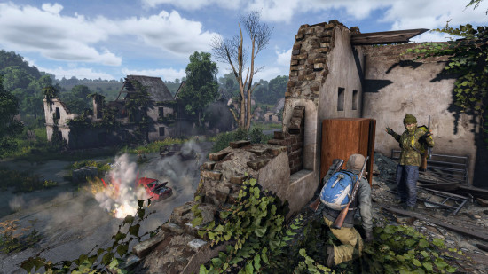 Best Xbox survival games: two people staking out a destroyed house in DayZ