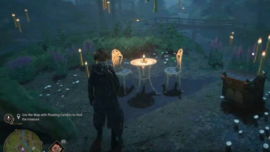 Hogwarts Legacy floating candles map: A screenshot of the treasure location in the Ghost of our Love quest, which is a table and two chairs surrounded by candles in the middle of a forest