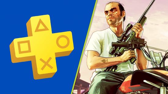 PS Plus GTA 5 leaving June 2024: Trevor holding a rifle next to the PS Plus logo