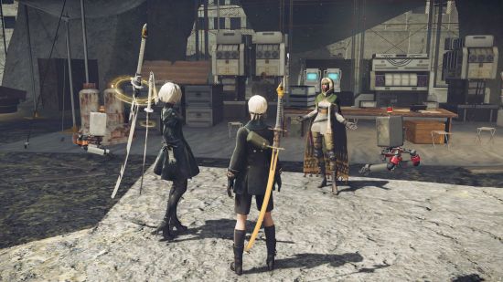 Best games: 2B and 9S talking to a woman in NieR Automata